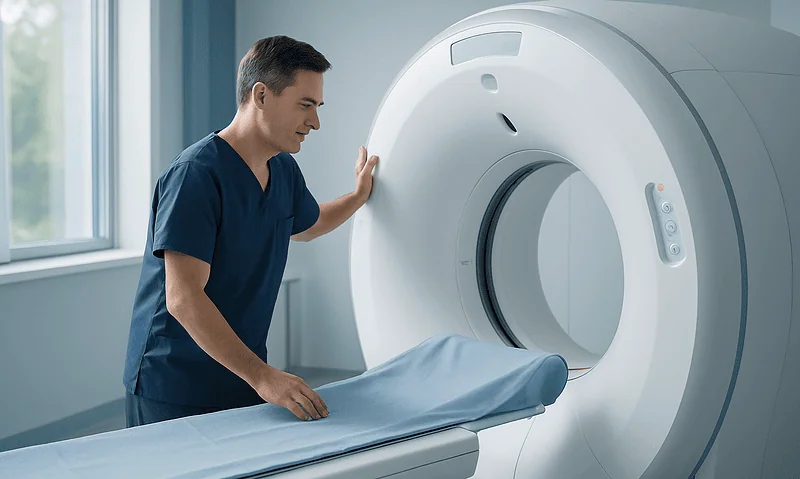 Medical professional prepares MRI machine for patient scan in hospital.