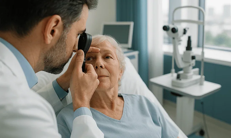 Ophthalmologist examining elderly patient's eye in clinic.