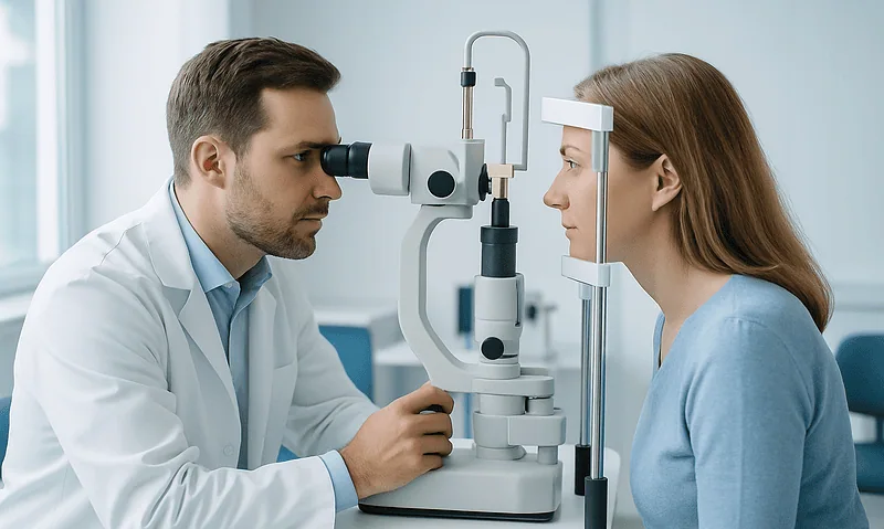 Ophthalmologist examining patient's eye with slit lamp in clinic.