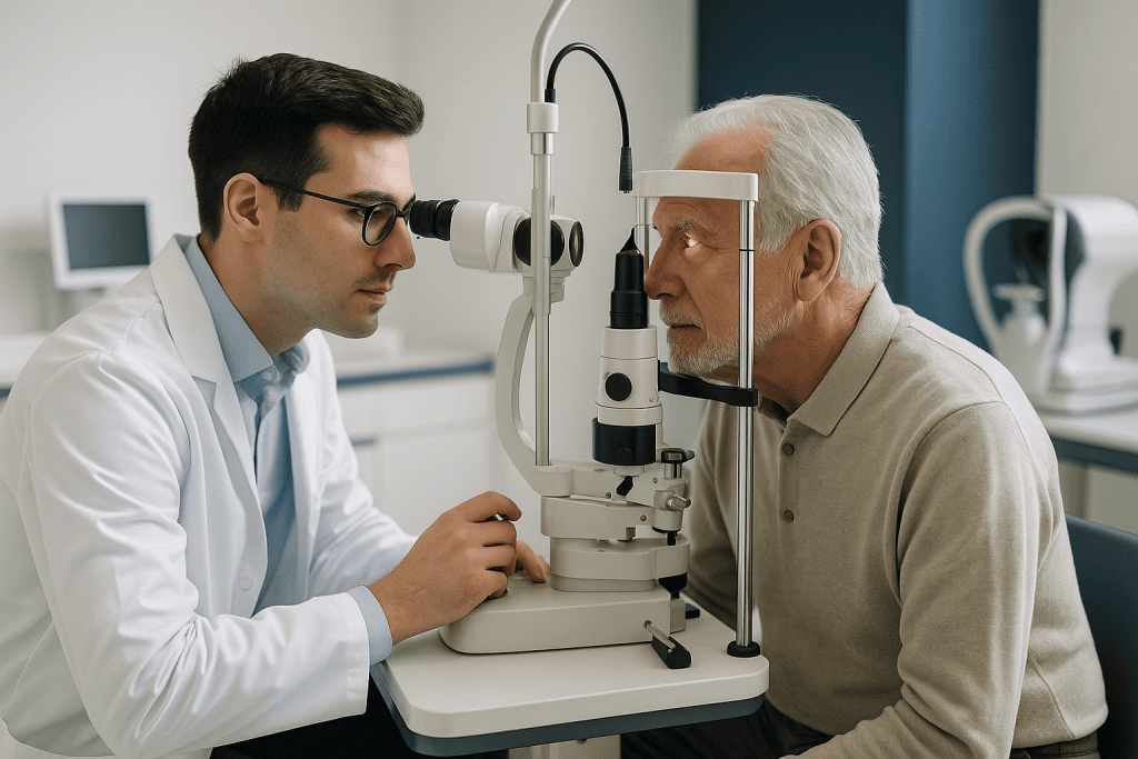 Corneal Ulcer 1 Ophthalmologist examining elderly patient's eye with slit lamp microscope.