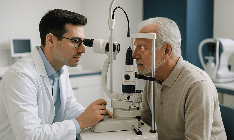 Ophthalmologist examining elderly patient's eye with slit lamp microscope.