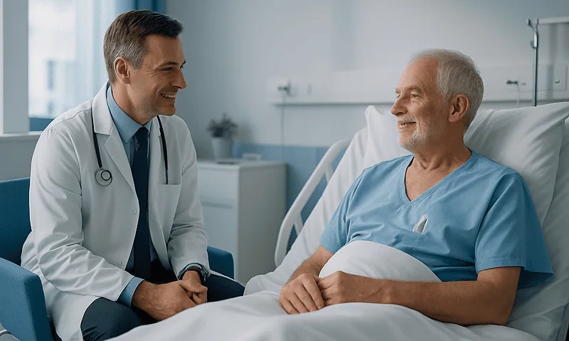 Doctor talking to senior patient in hospital room.