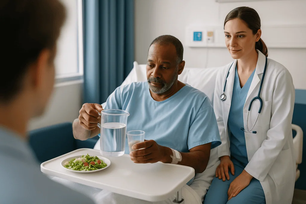 Patient eating salad with doctor supervising in hospital: Coronary angiogram recovery time: what the first few hours look li
