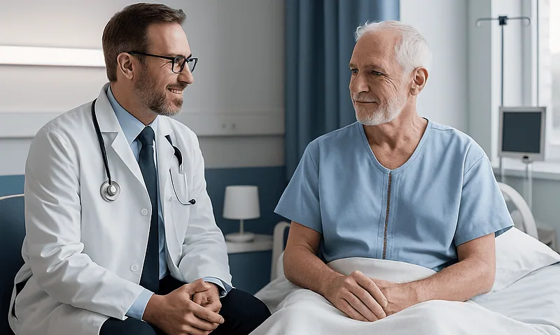 Doctor consulting with senior patient in hospital room.