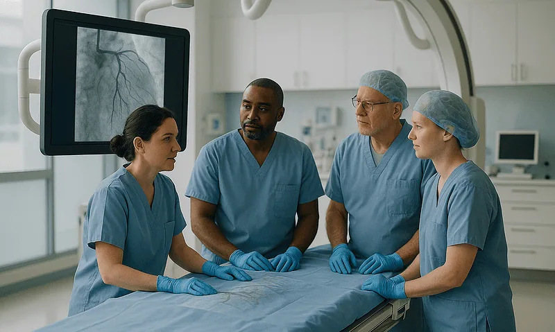 Medical team preparing for coronary artery bypass surgery in hospital.