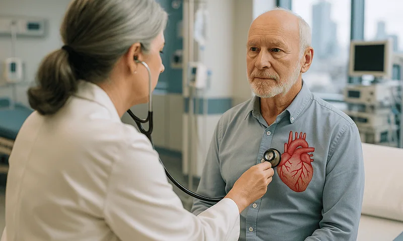 Doctor listening to patient's heart with stethoscope in hospital setting.