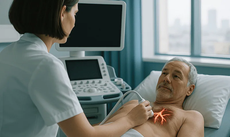 Doctor performing an echocardiogram on a male patient in hospital.