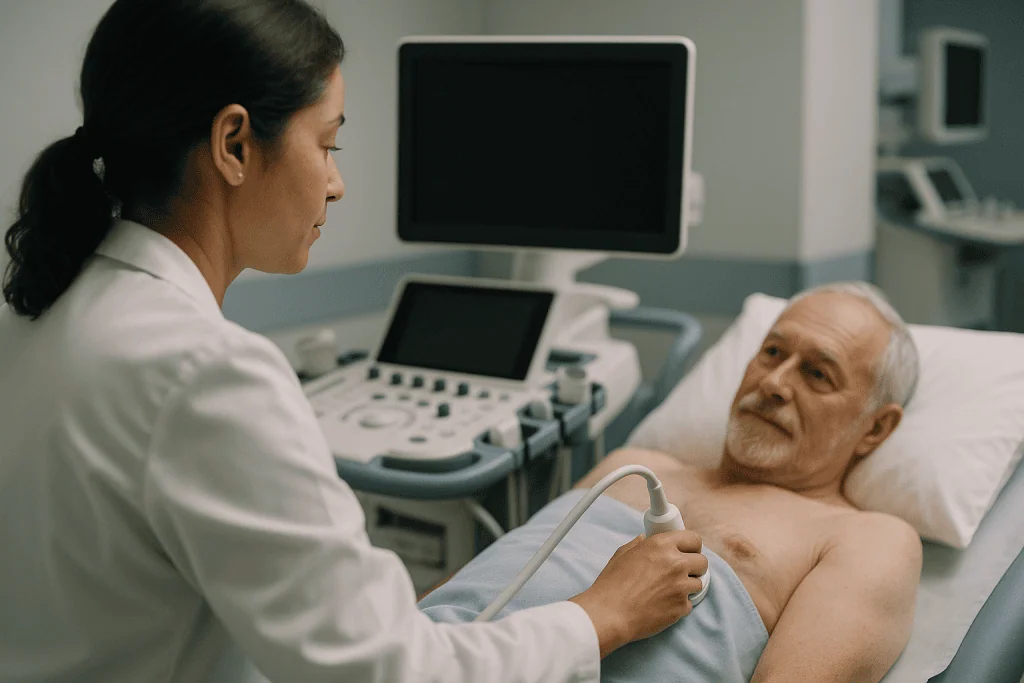Coronary Bypass Surgery in Turkey: Treatment Guide 1 Doctor performing an ultrasound on a patient in a hospital room.