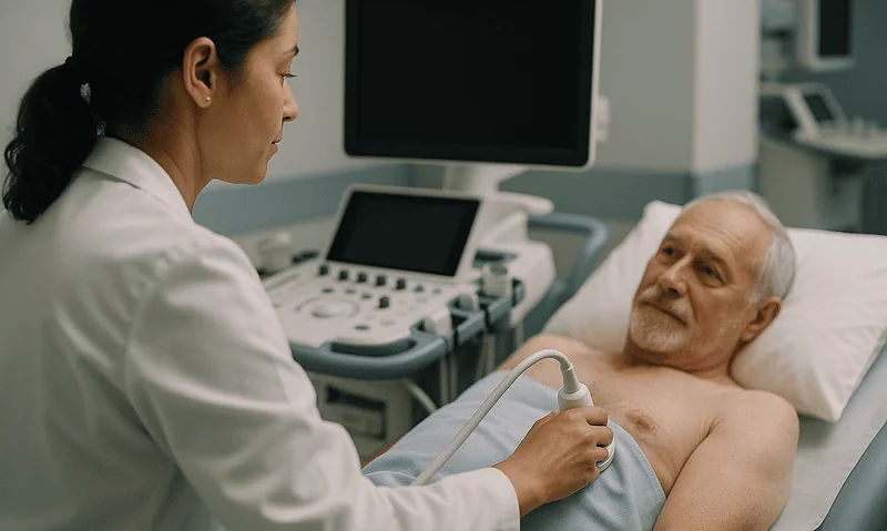 Doctor performing an ultrasound on a patient in a hospital room.