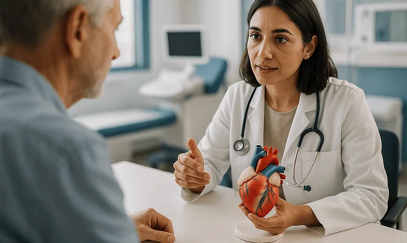 Doctor explaining heart health to patient with heart model in clinic.