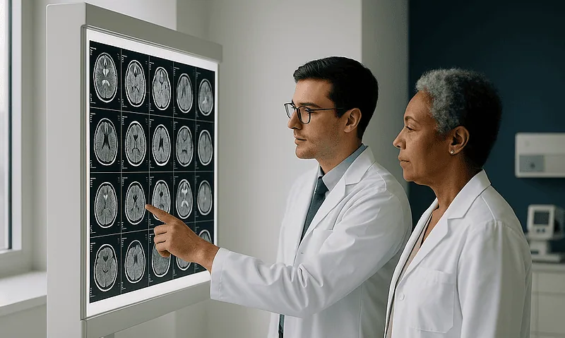 Doctors analyzing brain scans for neurological assessment.