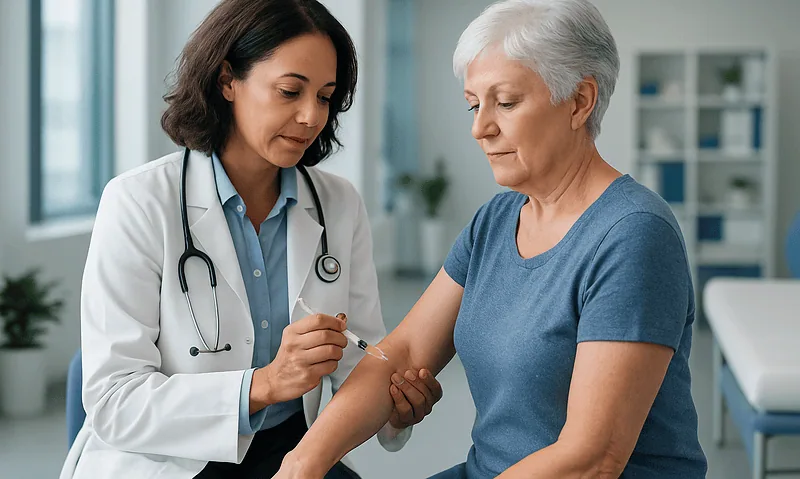 Doctor administering a cortisone shot to an elderly woman in a clinical setting.