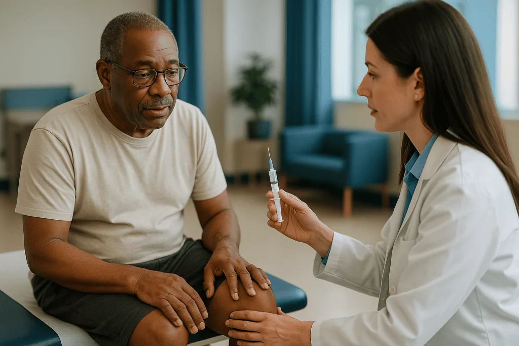 Doctor discussing injection treatment with older male patient: Cortisone shot vs physical therapy for the knee: what the hea