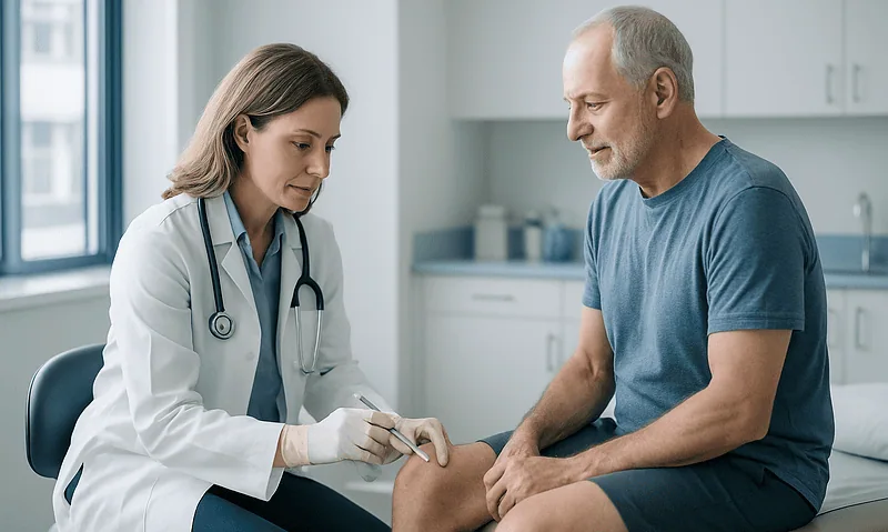 Doctor administering knee injection to a patient in a clinical setting.