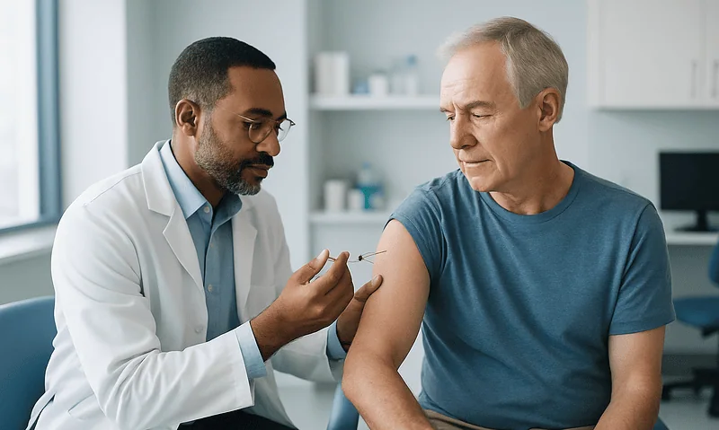 Doctor administering a shoulder injection to a patient in a clinical setting.