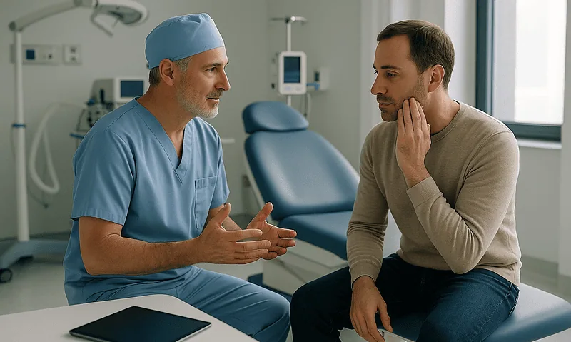 Doctor consulting with patient in a hospital room for cosmetic surgery.
