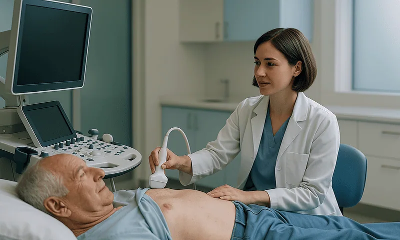 Doctor performing ultrasound examination on elderly male patient in hospital.