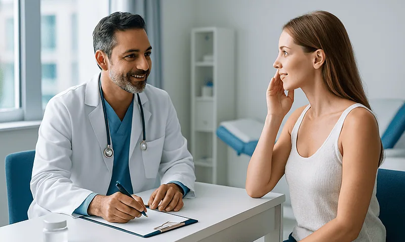 Doctor consulting with a female patient in a modern clinic setting.