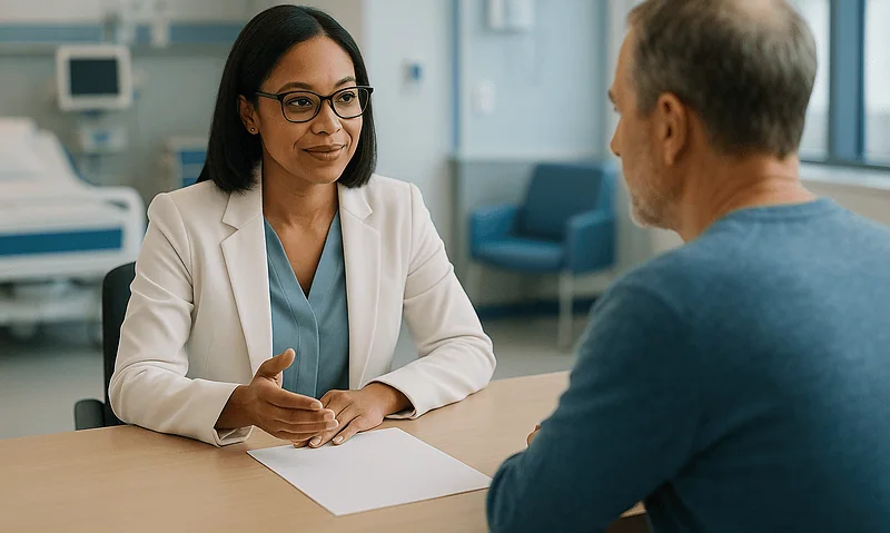 Doctor consulting with a patient in a hospital setting.
