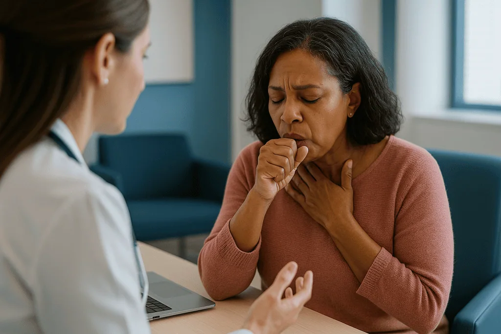Doctor consulting patient about medical symptoms — Cough, throat tickle and shortness of breath: what is happening