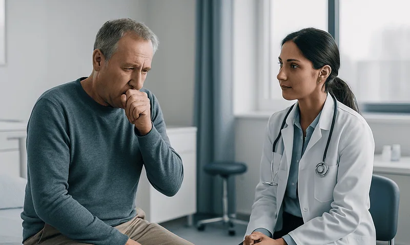 Doctor consulting with a patient about coughing up blood in a medical office.