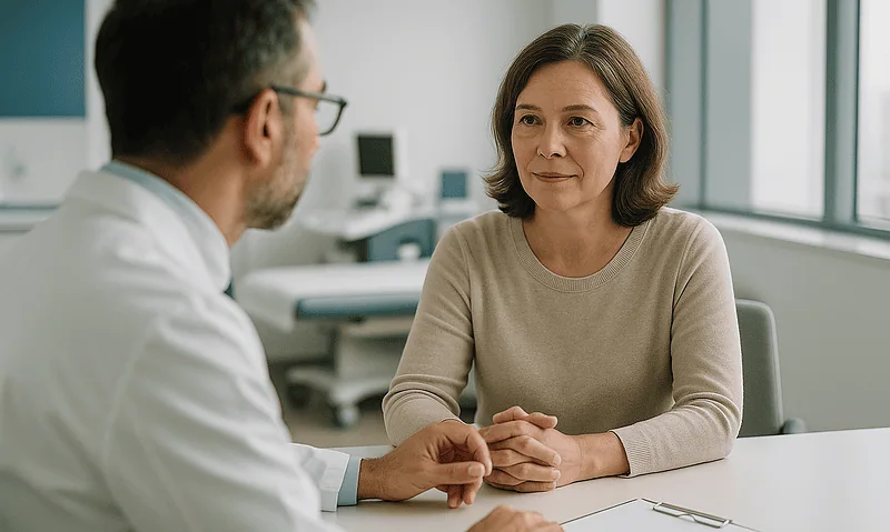 Couples therapy session with a female patient and male therapist in a modern clinic.