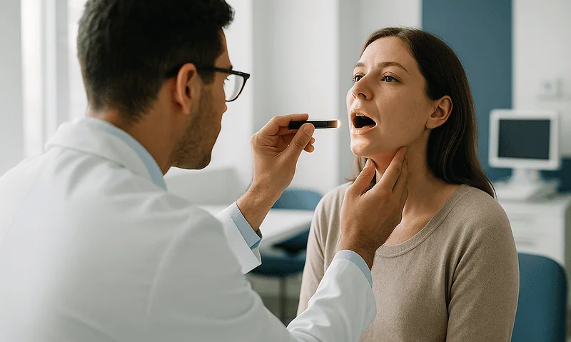 Doctor performs COVID-19 throat swab test on patient in clinic.