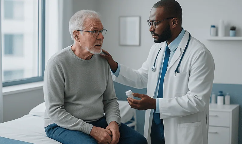 Doctor consulting with elderly patient in a hospital room.