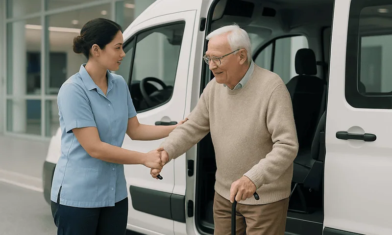 Elderly man with cane shaking hands with healthcare worker outside hospital van.