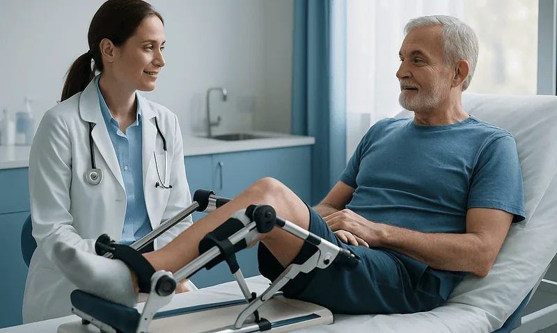 Doctor explaining CPM machine benefits to patient after knee surgery.