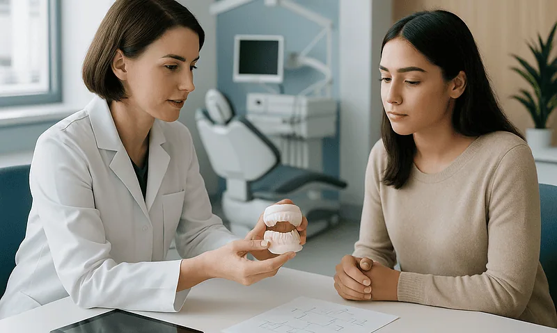 Dentist explaining dental anatomy to a patient in a clinic setting.
