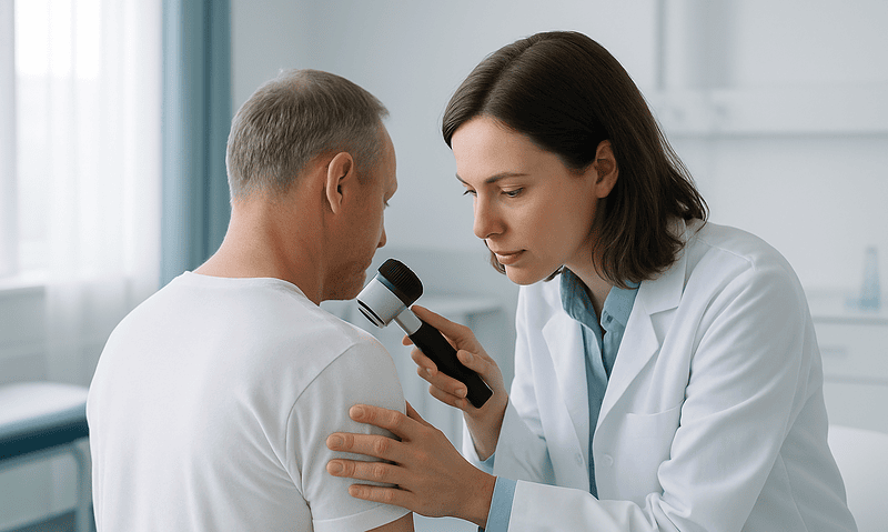Doctor examining a patient's shoulder with a dermatoscope in a clinical setting.