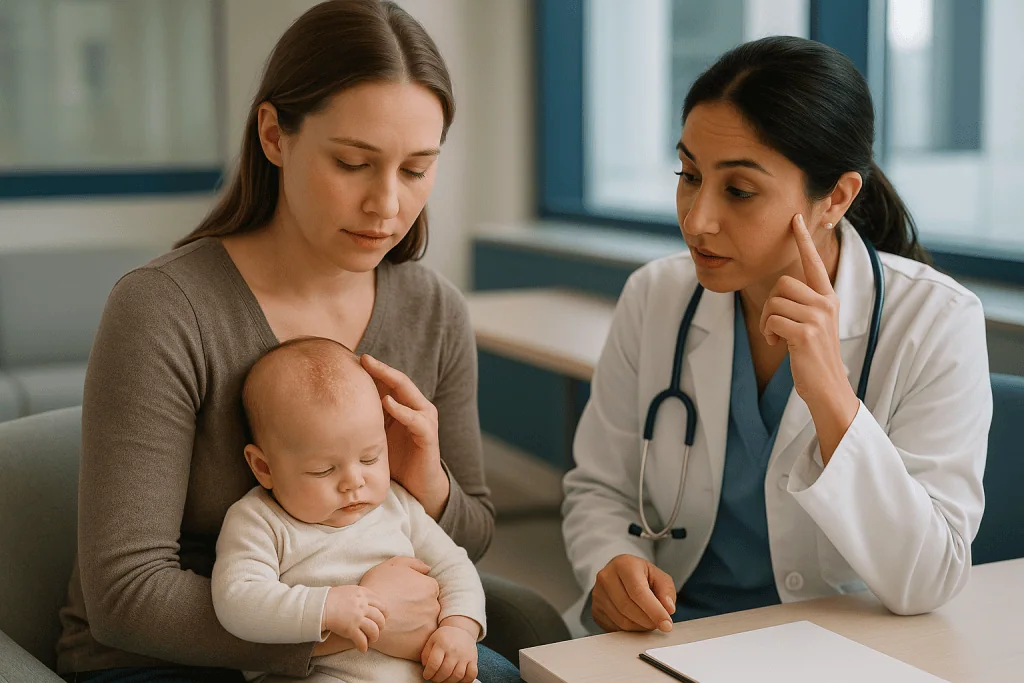Mother with infant consulting female physician indoors: Cradle cap vs adult seborrheic dermatitis: the differences at a glan