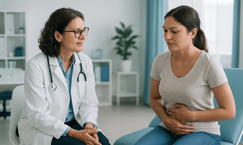 Doctor consulting with a woman patient in a medical clinic.