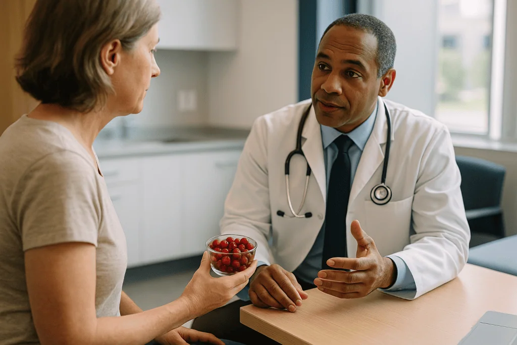 Doctor consulting patient about urinary health with berries: Cranberry for recurrent UTIs: what the evidence actually shows