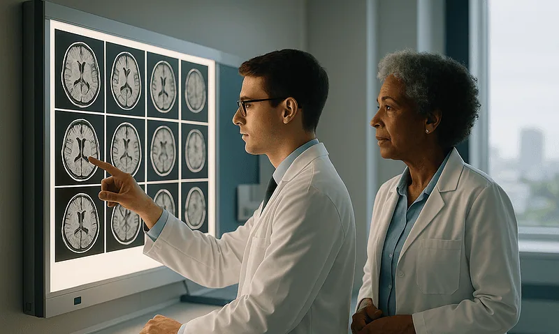 Doctors analyzing brain MRI scans in a hospital setting.