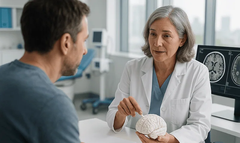Doctor explaining brain surgery to a patient in a medical consultation.