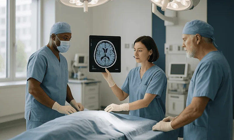 Medical team reviewing brain scan during a craniotomy procedure at Acibadem Hospitals.