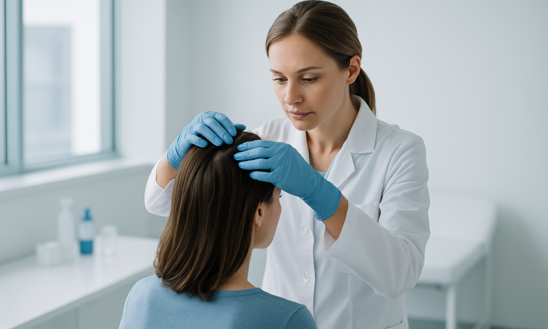 Dermatologist examining scalp for hair loss at Acibadem Hospital.