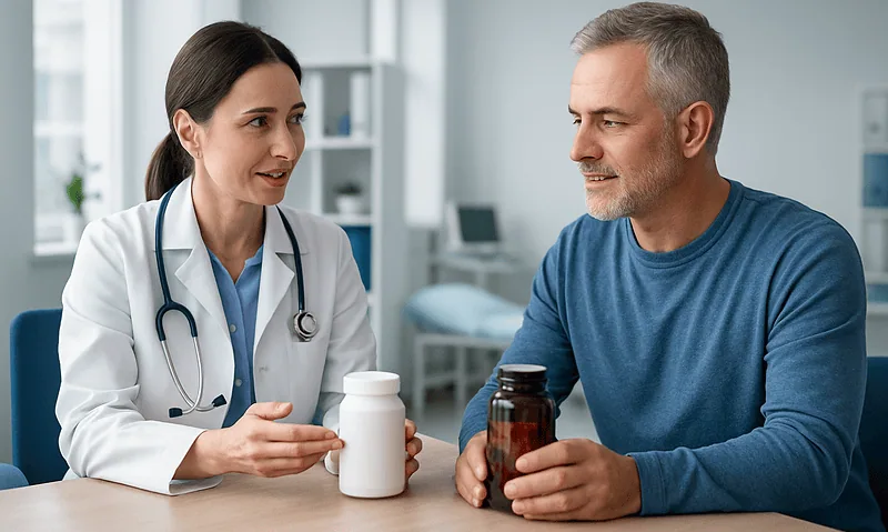 Doctor consulting with a male patient about medication in a clinic setting.