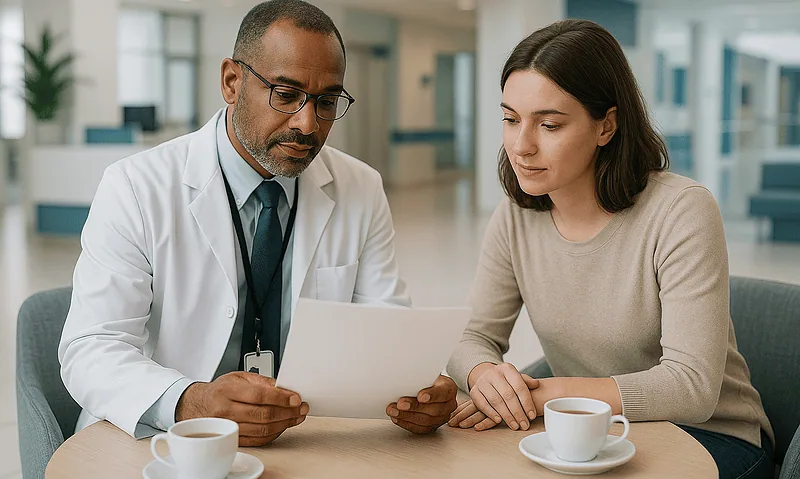 Doctor consulting with a patient in a modern hospital setting.