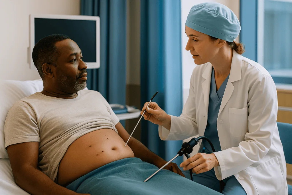 Doctor performing abdominal ultrasound examination on male patient: Creating keyhole access: incisions, gas, and the camera