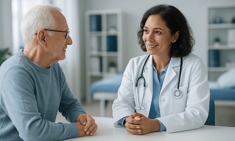 Doctor consulting with elderly patient in hospital setting.