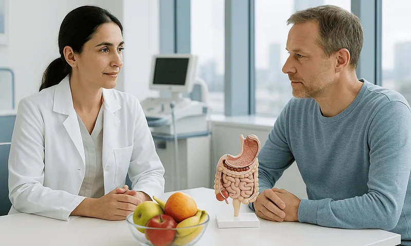Doctor explaining digestive system to patient in a medical consultation.