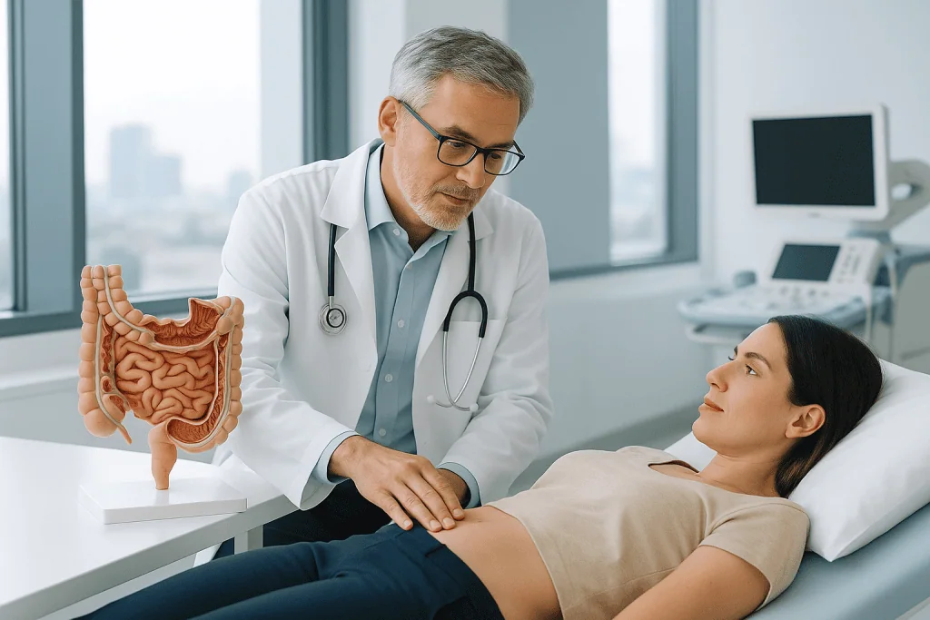 Crohn's Disease 1 Doctor examining patient with a model of the human digestive system in a hospital room.