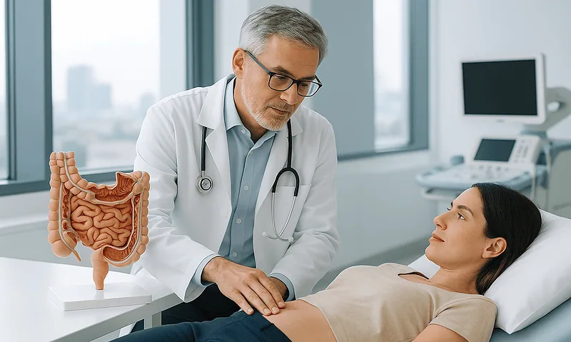 Doctor examining patient with a model of the human digestive system in a hospital room.