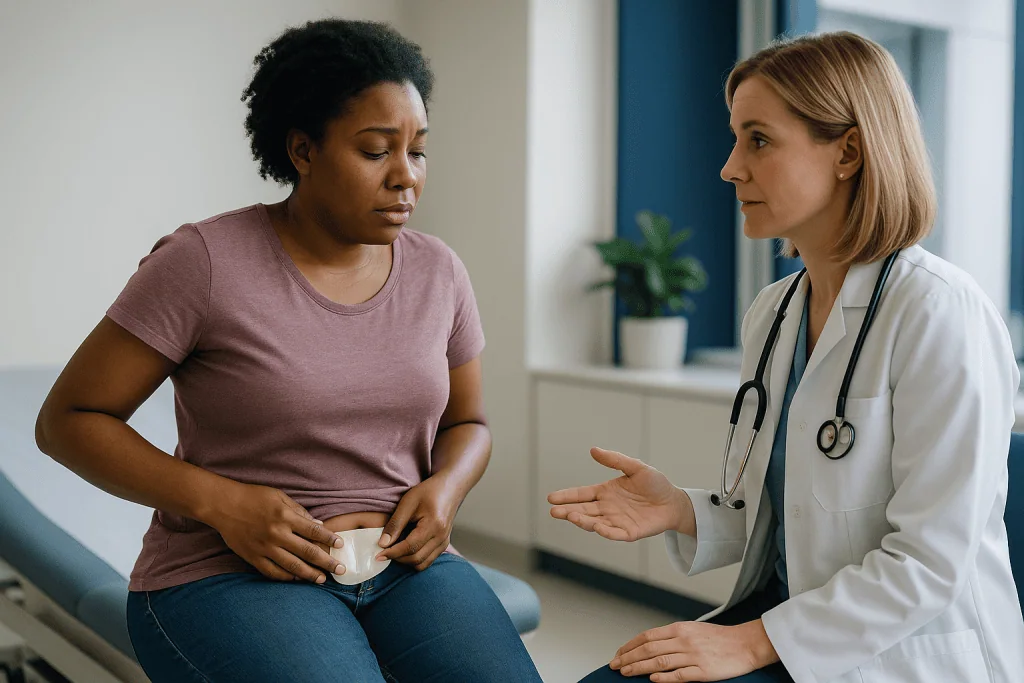 Doctor consulting patient about abdominal symptoms: Crohn's fistula treatment options: draining, healing and closing