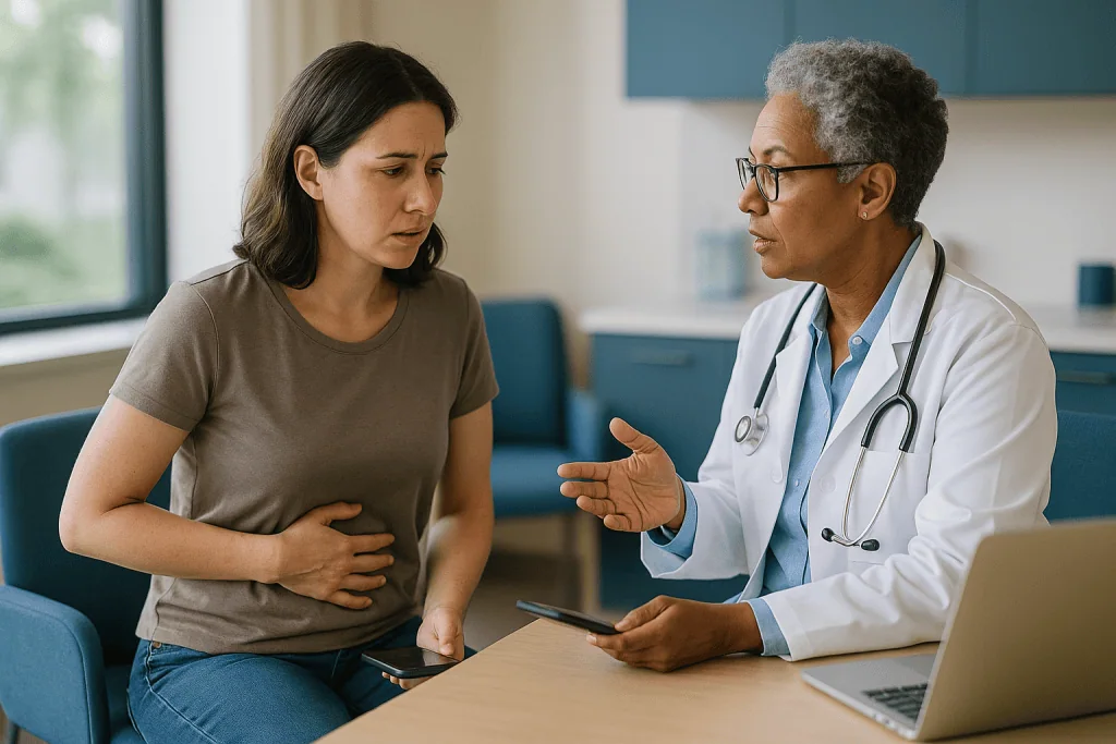Doctor consulting with patient about abdominal symptoms: Crohn's flare: when to call your doctor and when to watch for a day
