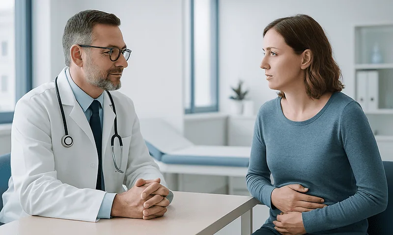 Doctor consulting with a female patient in a medical office.