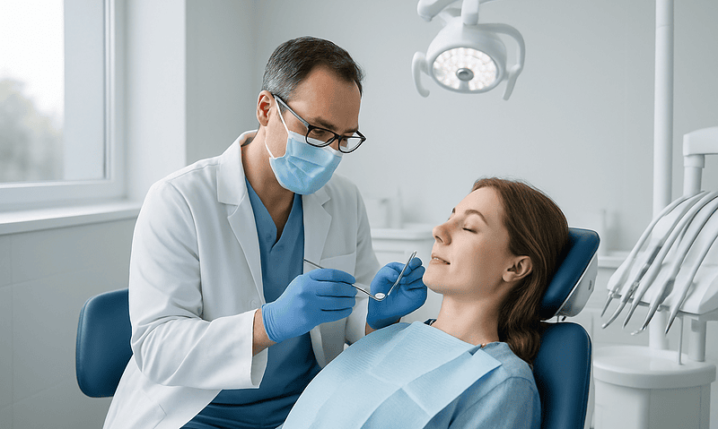 Dentist examining patient's teeth in a modern dental clinic.